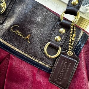 Coach Ashley Leather Multicolor Carryall in magenta, red, and brown leather tote
